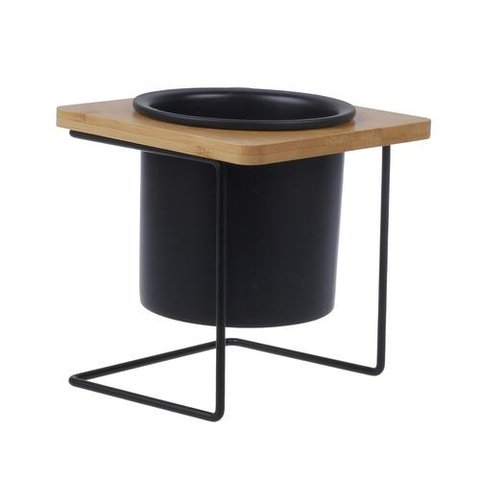 Cachepot de Ceramica Preto C/base de Metal e Madeira