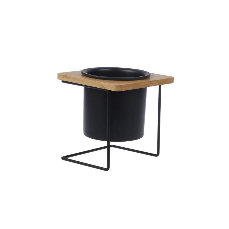 Cachepot de Ceramica Preto C/base de Metal e Madeira