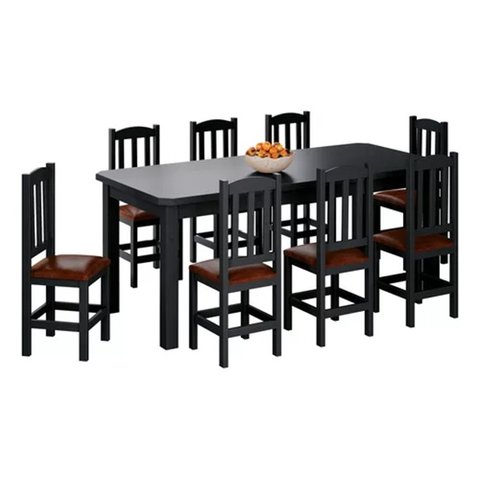 Mesa com 8 Cadeiras de Madeira 200x88 Preto com Estofado Marrom Nemargi