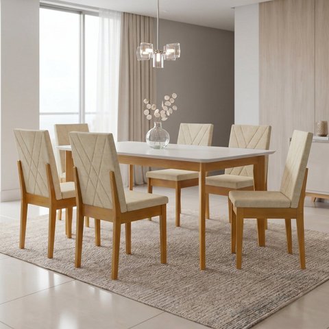 Conjunto Sala de Jantar Siera 6 Lugares sem Vidro Retangular Madeira Maciça Dakota Bordada