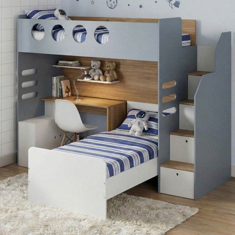 Cama Alta Office com Cama de Solteiro e Armário Baixo Star Maker Casatema MadeiraOriginals Azul