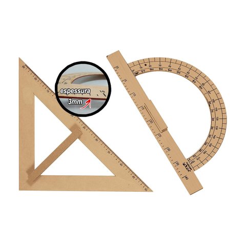 Kit Geométrico do Professor com 1 Transferidor 180° Graus em Mdf + 1 Esquadro em Mdf 45° Graus Souza