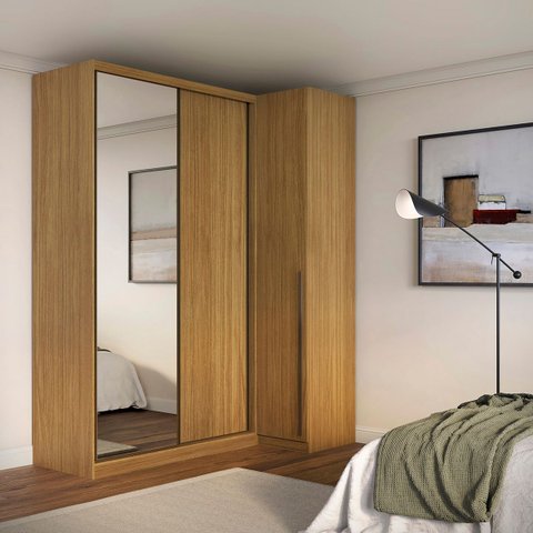 Guarda Roupa de Canto Porta de Correr com Espelho 3 Portas Mdf Altezza Trend Belmax:freijó
