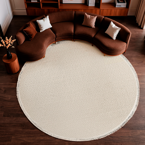 Tapete Redondo Sala Quarto 100% Algodão Estampa Zigzag Franja Lavável Antiderrapante Decoração Boho