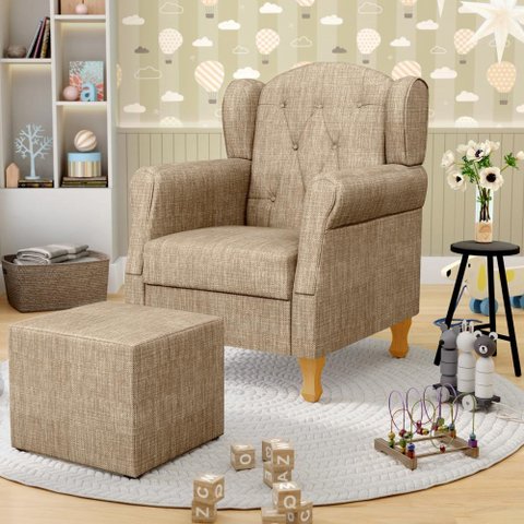 Poltrona de Amamentação e Descanso Pés de Madeira e Puff Lucy P04 Linho Bege Escuro - Mpozenato