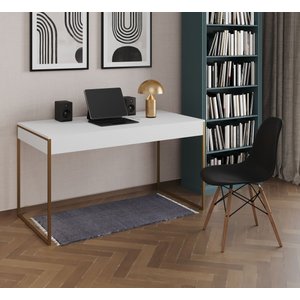 Escrivaninha Industrial Malta 137x53 Ferro Dourado Tampo Branco