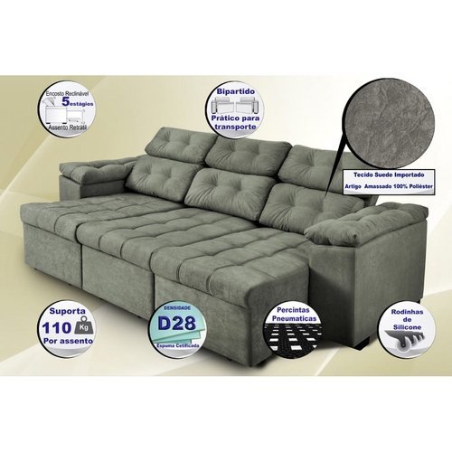 Sofa Itália 2,80 Mts Retrátil e Reclinavel Tecido Suede Cinza - 4