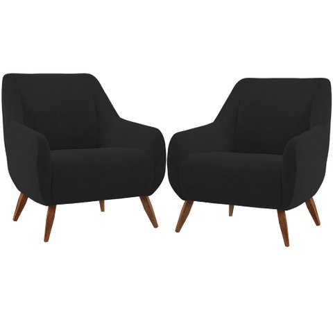 Kit 02 Poltronas Decorativa Fixa Pés de Madeira Paloma D02 Veludo Preto B-300 - Lyam Decor