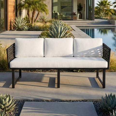 Sofá 3 Lugares Corda Náutica Alumínio Preto Área Externa Piscina Gourmet Varanda Jardim