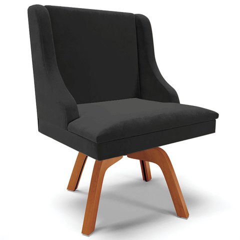 Poltrona Decorativa Base Giratória de Madeira Firenze Veludo Preto/Natural - Gran Belo