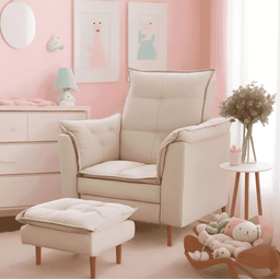Poltrona Amamentação e Mini Puff Opala Suede Bege Pés Palito - 1