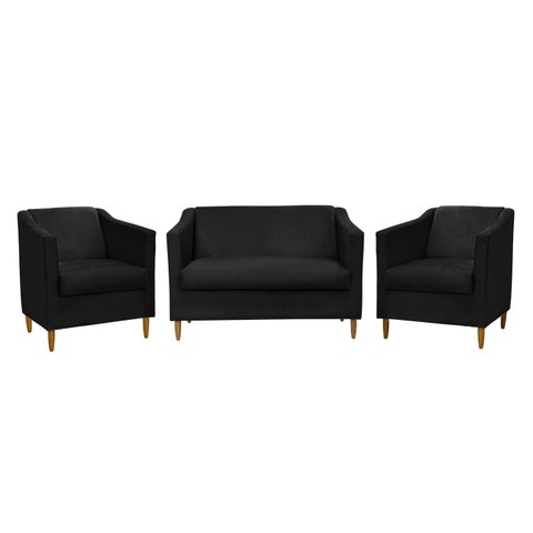 Kit Namoradeira e 2 Poltronas Titânio Suede Preto