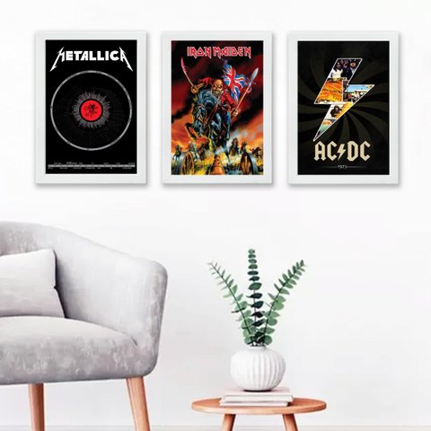 Kit 3 Quadros Bandas de Rock metal 24x18cm - com Vidro:madeira Preta