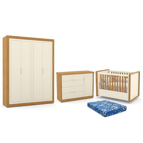 Dormitório Tutto New 4 Portas, Cômoda 1 Porta, Berço Off White/Freijó com Colchão - Matic Móveis