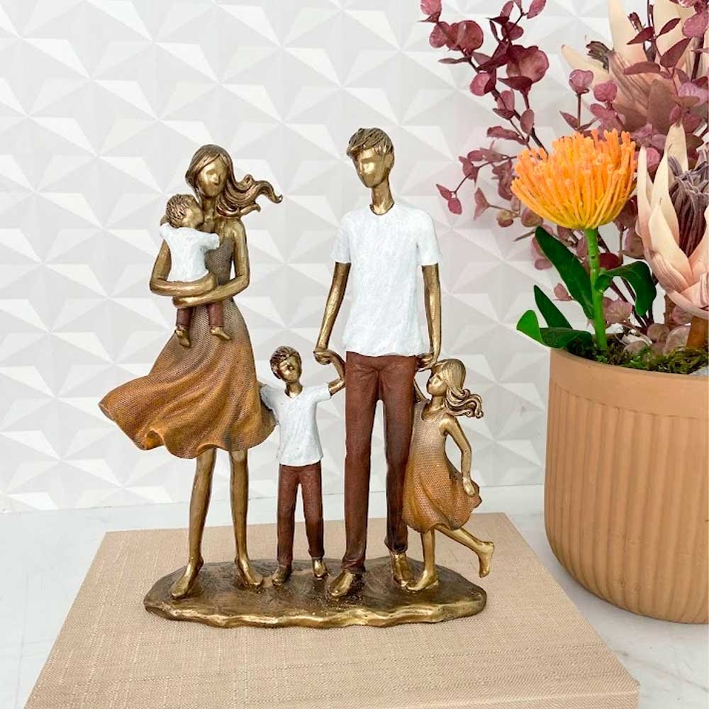 Escultura Decorativa Mae Com Casal De Filhos Em Resina Cobre