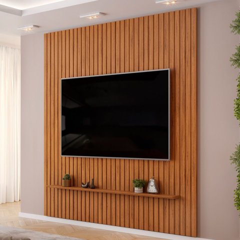 Painel Ripado para TV 75 pol Sala Quarto 250x240cm Lexa D05 Freijó - Lyam Decor