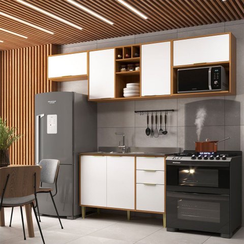 Cozinha Compacta Domus 6 Portas 3 Gavetas Nogal/branco - Hecol Móveis