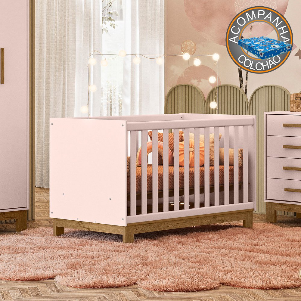 Berço Mini Cama 4315 Rosa Acetinado + Colchão Ortobom Patoti Móveis