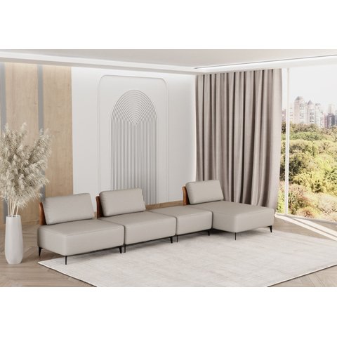 Sofá Dream Box com Chaise Moderno Modular 3,20m Bege com Courino Terracota - Rede Móveis