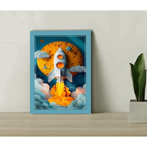 Quadro Decorativo Infantil Foguete Espacial + Vidro 33x25:azul