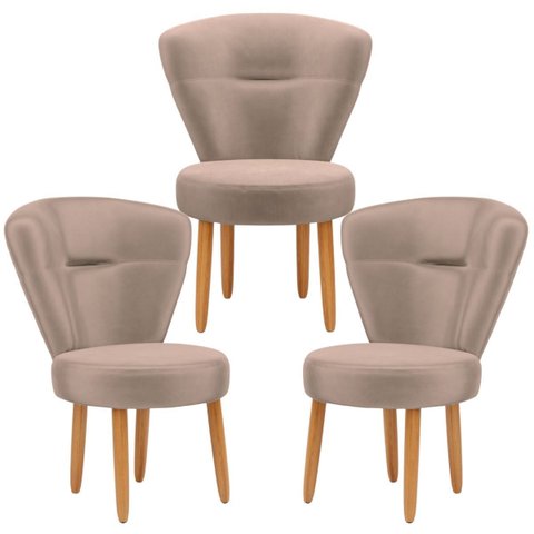 Kit 3 Poltronas para Recepção Camarim Sala de Jantar Ergonômica Tecido Veludo Pés de Madeira