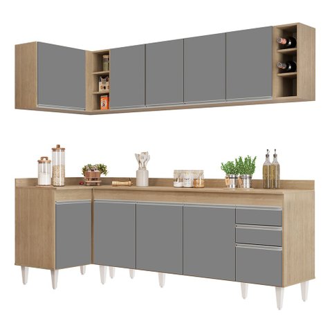 Armário de Cozinha Modulado de Canto Direito 5 Peças Cp44 Balcão com Tampo Castanho/cinza - Lumil Lu