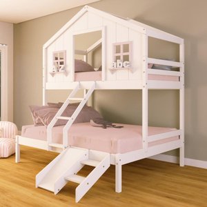 Beliche Casal/ Solteiro Casinha Dos Sonhos com Escada/ Escorregador Madeira Maciça Branco/ Rosa
