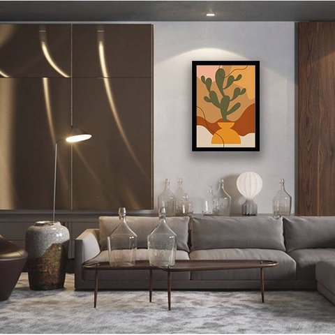 Quadro Vaso de Planta Abstrato 24x18cm - com vidro:Madeira preta