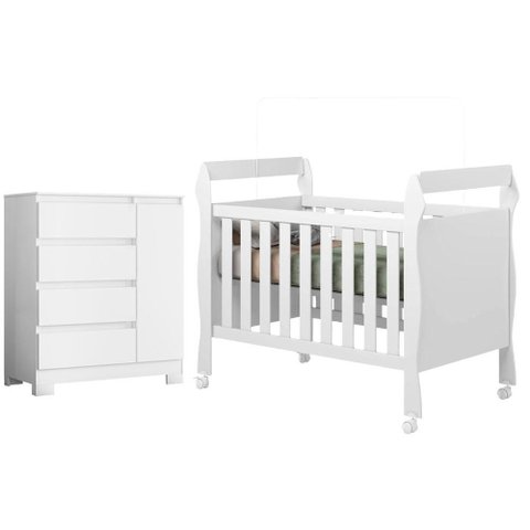 Berço Americano Mini Cama Soninho com Cômoda Sapateira Olimpia 4 Gavetas Branco Flex- Móveis