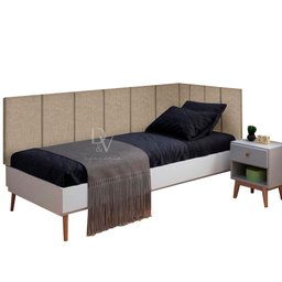 Conjunto Cabeceira Painel Estofada Cama de Solteiro - Palha (Linho) - 1