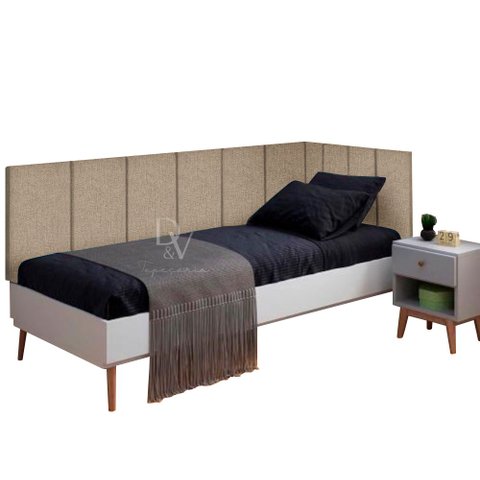 Conjunto Cabeceira Painel Estofada Cama de Solteiro - Palha (Linho)