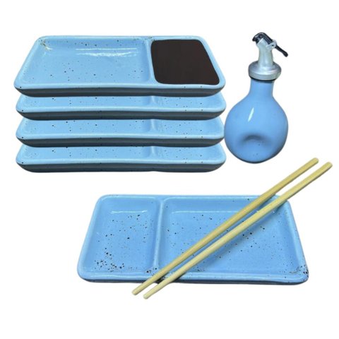 Kit 4 Pessoas Oriental Sushi Jarra Prato Divisória para Shoyu Porcelana Sapporo Azul