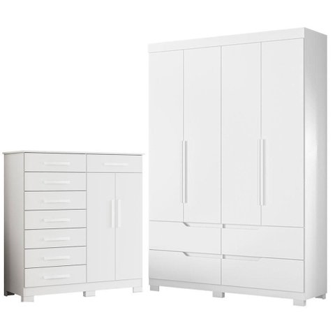 Guarda Roupa Solteiro Doble 4 Portas de Bater 4 Gavetas MDP Cômoda Verona Branco Albatroz Móveis