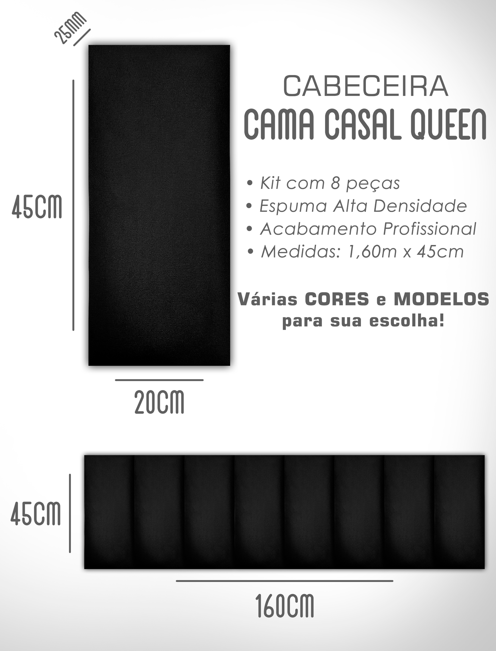 Cabeceira de Cama Box Solteiro Casal Queen King Estofada Modular 45x20cm - 6