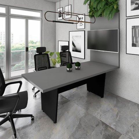 Mesa de Escritório 2,00m e Painel de Tv com Passa Cabos F5 Cor:cinza Sagrado com Preto