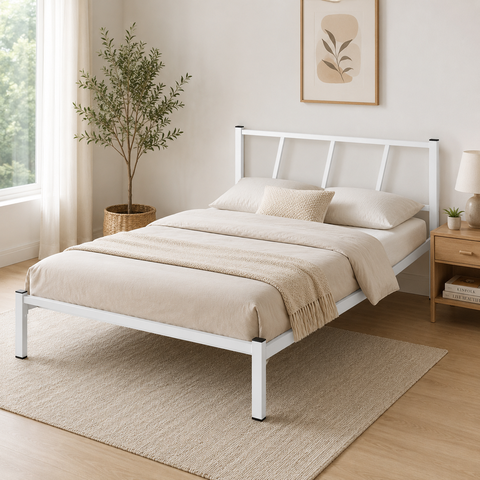 Cama Casal Branca Aço Reforçado com Cabeceira Moderna e Estrado Resistente