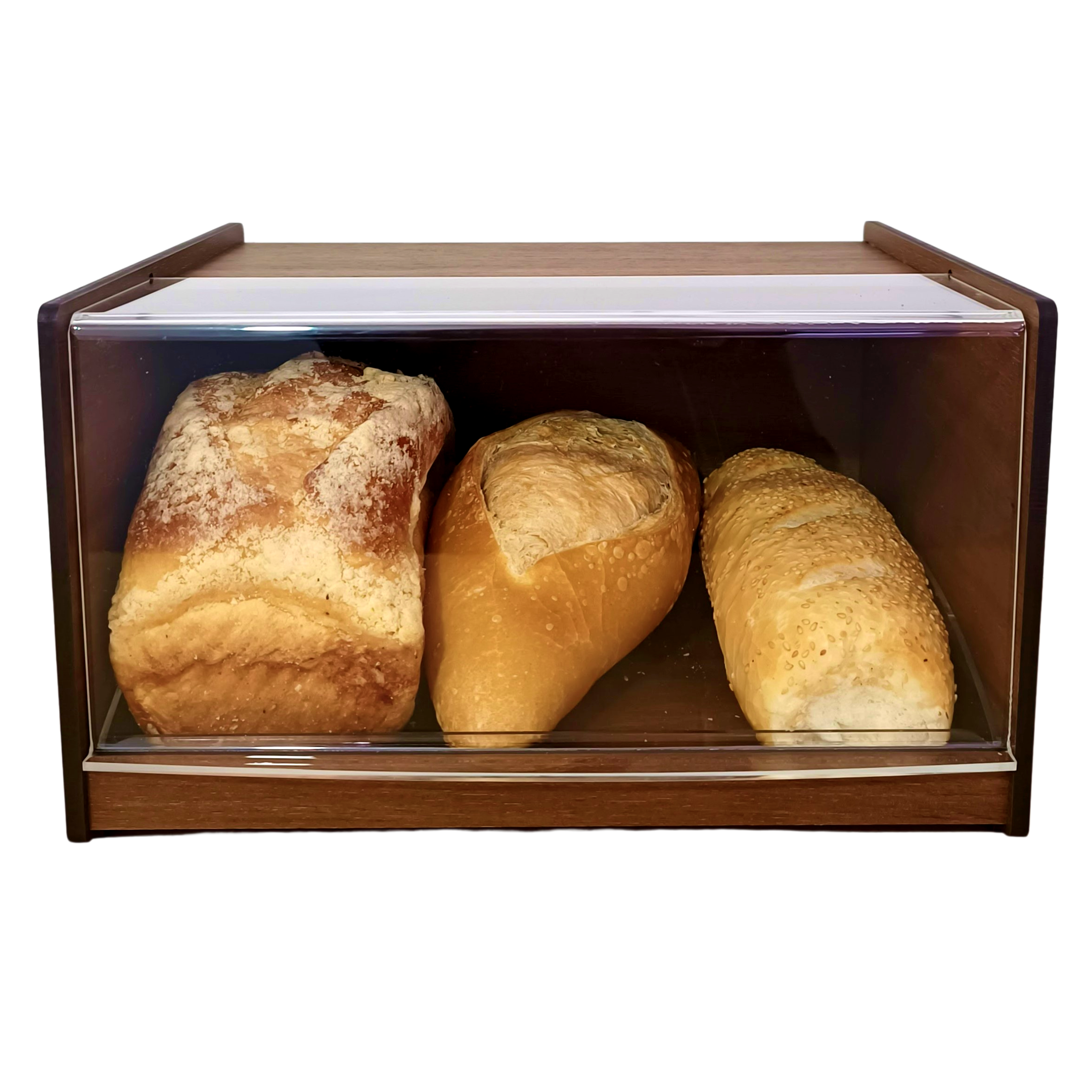 Porta pão em madeira 32cm tampa em acrílico com bandeja