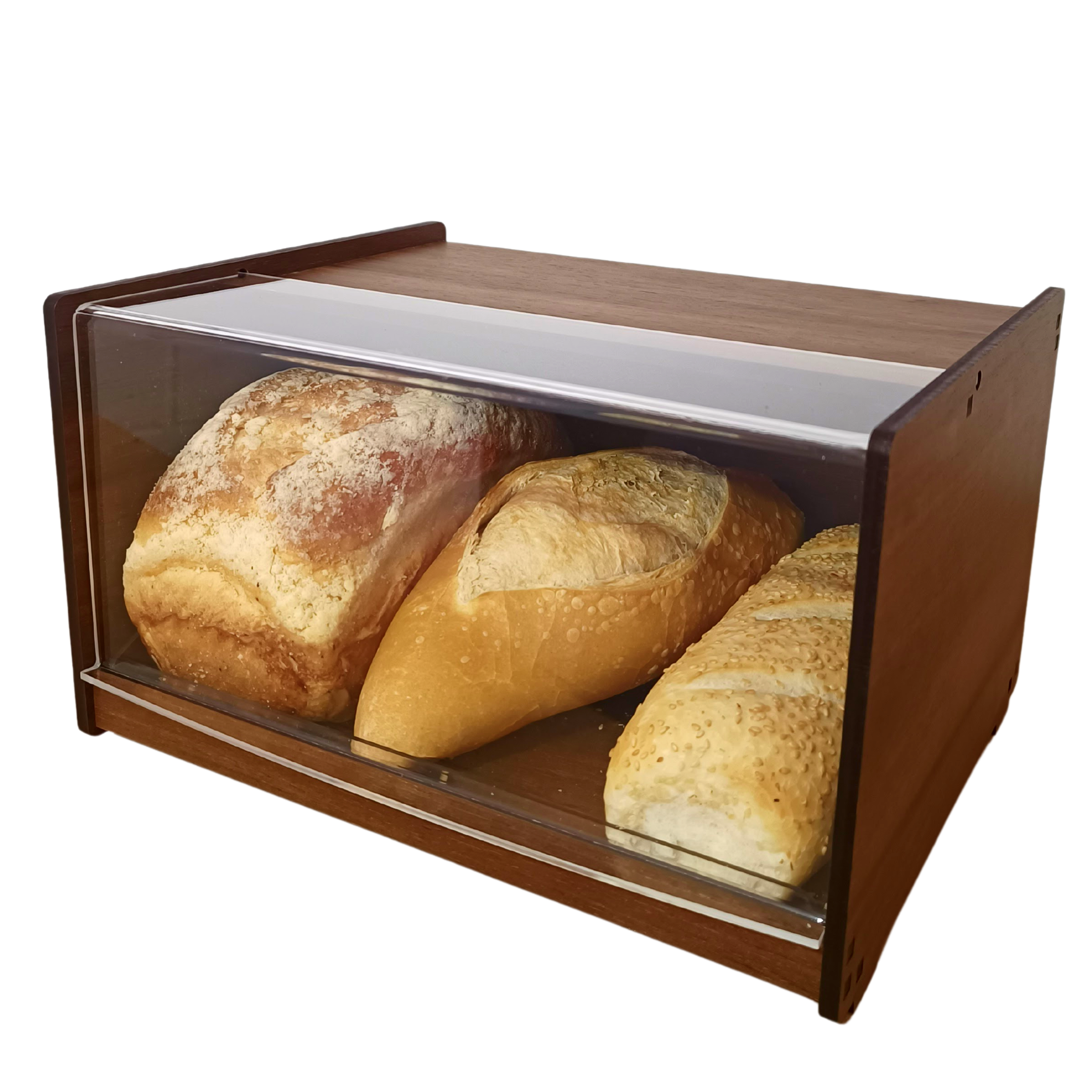 Porta pão em madeira 32cm tampa em acrílico com bandeja - 2