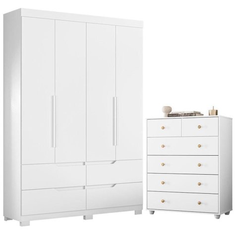 Guarda Roupa Solteiro Doble 4 Portas de Bater 4 Gavetas MDP Cômoda Vittoria Branco Albatroz Móveis