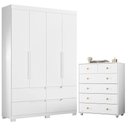 Ver imagem 1 de Guarda Roupa Solteiro Doble 4 Portas de Bater 4 Gavetas MDP Cômoda Vittoria Branco Albatroz Móveis