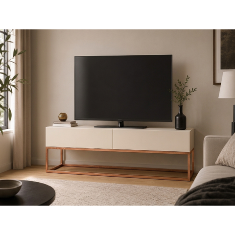 Rack Eros 140cm Off White Pés de Ferro Cobre Ideal para TV até 50