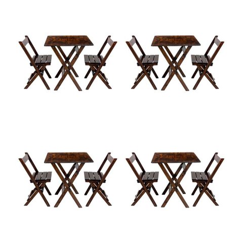 Kit 4 Conjuntos Mesa Dobrável para Bar e Restaurante 60x60cm com 2 Cadeiras em Madeira Maciça -