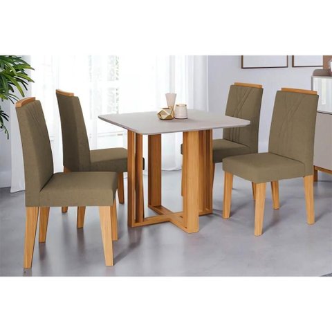 Conjunto: Mesa de Cozinha Flora Tampo Madeirado C/ Vidro 95x95cm e 4 Cadeiras Nicole Nature/suede
