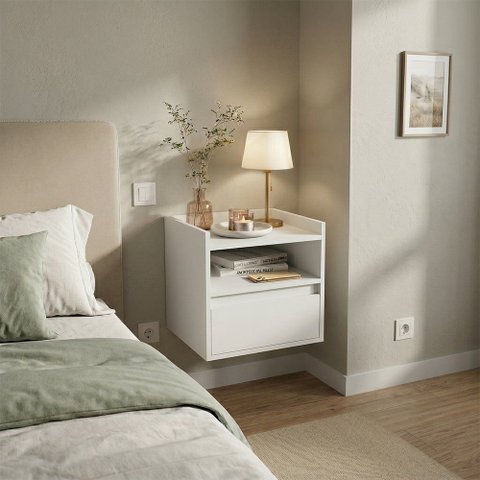 Mesa Cabeceira Suspensa Minerva Compacta para Quarto com Gaveta e Nicho Design Retrô - Branco