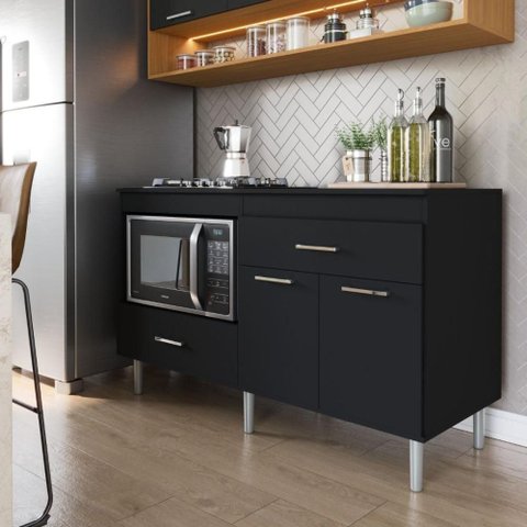 Balcão para Cooktop 1,40m 5 Bocas 2 Portas Turim Preto