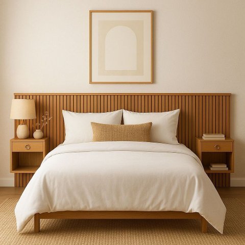 Cabeceira Ripada para Cama Casal ou Queen com 02 Mesas de Cabeceiras Cinamomo