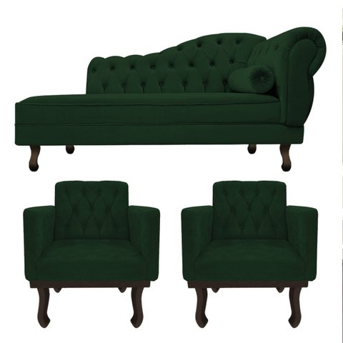 Kit Diva Recamier Diana 140cm Lado Esquerdo e 02 Poltronas Classic Suede Verde - ADJ Decor