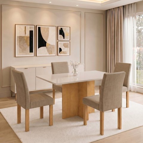 Conjunto de Mesa de Jantar 4 Lugares Carol e Cadeiras Espanha 120x80cm Cinamomo Off White