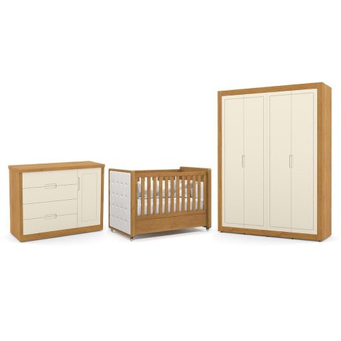 Dormitório Tutto New 4 Portas, Cômoda 1 Porta e Berço Freijó/off White com Capitonê - Matic Mó