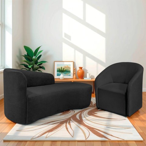 Kit Sofá Curvo França 140cm Ld. e Poltrona Luiza Max Conforto, Elegância e Design Moderno Linho